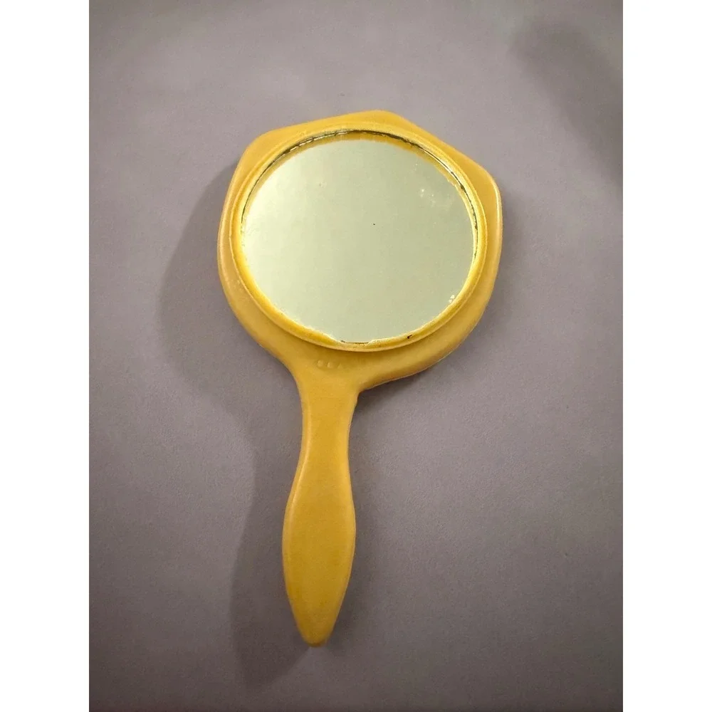 Vintage Mini Butterscotch Celluloid Hand Mirror Floral Rose Vanity Collectible